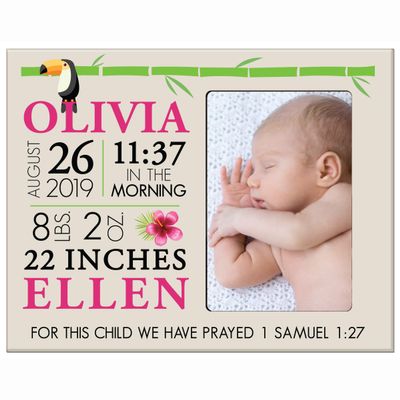 LifeSong Milestones Personalized Baby Birth Arrival Announcement - Newborn Stats Tropical Nursery Picture Frame Decor for Boys and Girls 8 x 10 Frame Holds 4 x 6 Photo (Ivory)
