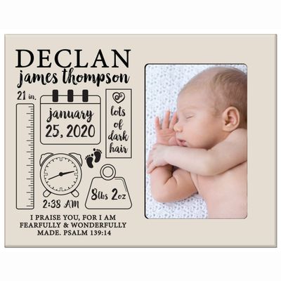 LifeSong Milestones Personalized Baby Birth Arrival Announcement - Newborn Stats Chalkboard Nursery Picture Frame Decor for Boys and Girls 8 x 10 Frame Holds 4 x 6 Photo (Ivory)