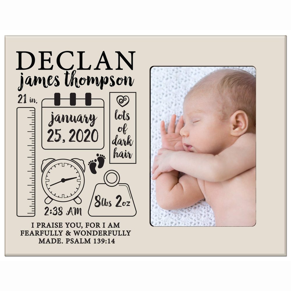 LifeSong Milestones Personalized Baby Birth Arrival Announcement - Newborn Stats Chalkboard Nursery Picture Frame Decor for Boys and Girls 8 x 10 Frame Holds 4 x 6 Photo (Ivory)