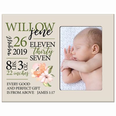 LifeSong Milestones Personalized Baby Birth Arrival Announcement - Newborn Stats Pink Flower Nursery Picture Frame Decor for Boys and Girls 8 x 10 Frame Holds 4 x 6 Photo (Ivory)