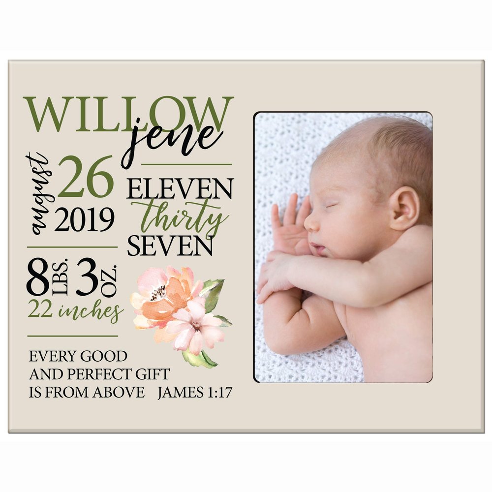 LifeSong Milestones Personalized Baby Birth Arrival Announcement - Newborn Stats Pink Flower Nursery Picture Frame Decor for Boys and Girls 8 x 10 Frame Holds 4 x 6 Photo (Ivory)