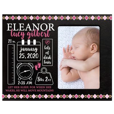 LifeSong Milestones Personalized Baby Birth Arrival Announcement - Newborn Stats Tribal Nursery Picture Frame Decor for Boys and Girls 8 x 10 Frame Holds 4 x 6 Photo (Black)