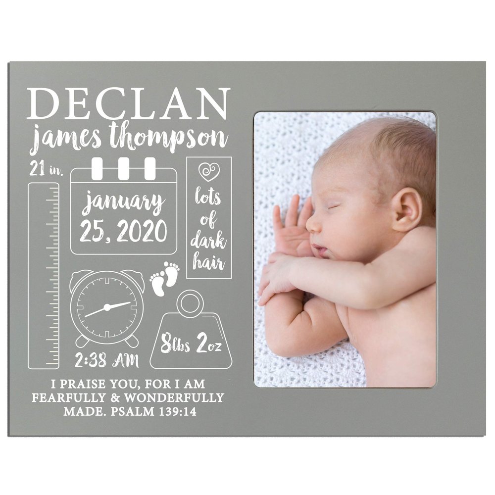 LifeSong Milestones Personalized Baby Birth Arrival Announcement - Newborn Stats Chalkboard Nursery Picture Frame Decor for Boys and Girls 8 x 10 Frame Holds 4 x 6 Photo (Grey)