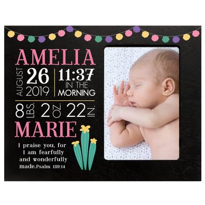 LifeSong Milestones Personalized Baby Birth Arrival Announcement - Newborn Stats Cactus Nursery Picture Frame Decor for Boys and Girls 8 x 10 Frame Holds 4 x 6 Photo (Black)