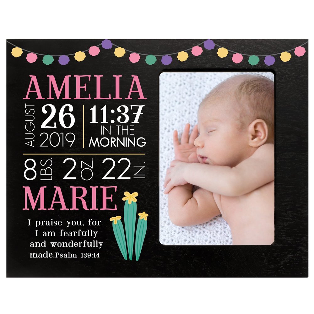 LifeSong Milestones Personalized Baby Birth Arrival Announcement - Newborn Stats Cactus Nursery Picture Frame Decor for Boys and Girls 8 x 10 Frame Holds 4 x 6 Photo (Black)