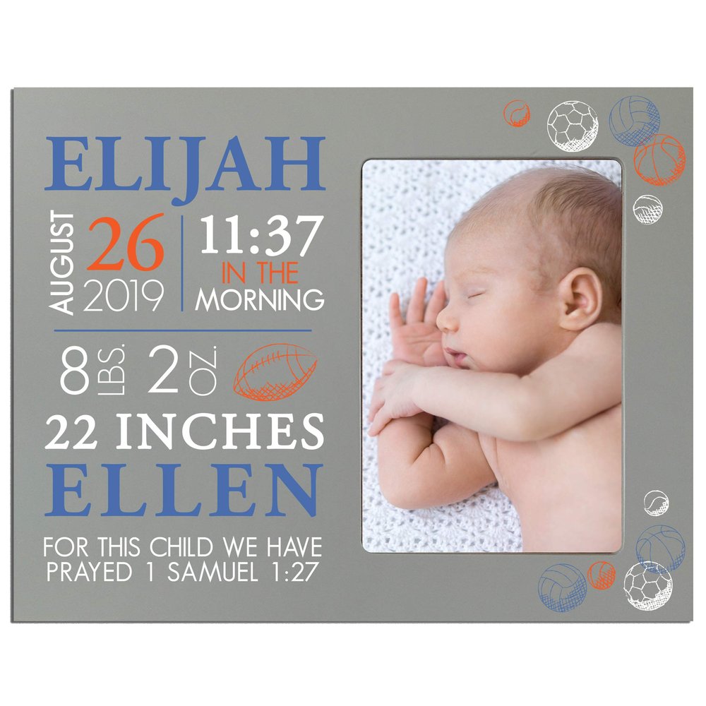 LifeSong Milestones Personalized Baby Birth Arrival Announcement - Newborn Stats Sports Nursery Picture Frame Decor for Boys and Girls 8 x 10 Frame Holds 4 x 6 Photo (Grey)