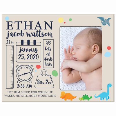 LifeSong Milestones Personalized Baby Birth Arrival Announcement - Newborn Stats Dinosaur Nursery Picture Frame Decor for Boys and Girls 8 x 10 Frame Holds 4 x 6 Photo (Ivory)