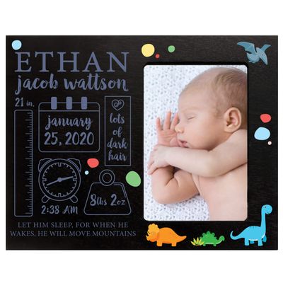 LifeSong Milestones Personalized Baby Birth Arrival Announcement - Newborn Stats Dinosaur Nursery Picture Frame Decor for Boys and Girls 8 x 10 Frame Holds 4 x 6 Photo (Black)