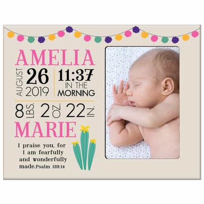 LifeSong Milestones Personalized Baby Birth Arrival Announcement - Newborn Stats Cactus Nursery Picture Frame Decor for Boys and Girls 8 x 10 Frame Holds 4 x 6 Photo (Ivory)