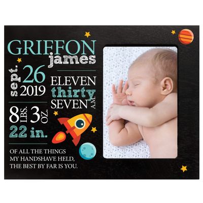 LifeSong Milestones Personalized Baby Birth Arrival Announcement - Newborn Stats Space Nursery Picture Frame Decor for Boys and Girls 8 x 10 Frame Holds 4 x 6 Photo (Black)