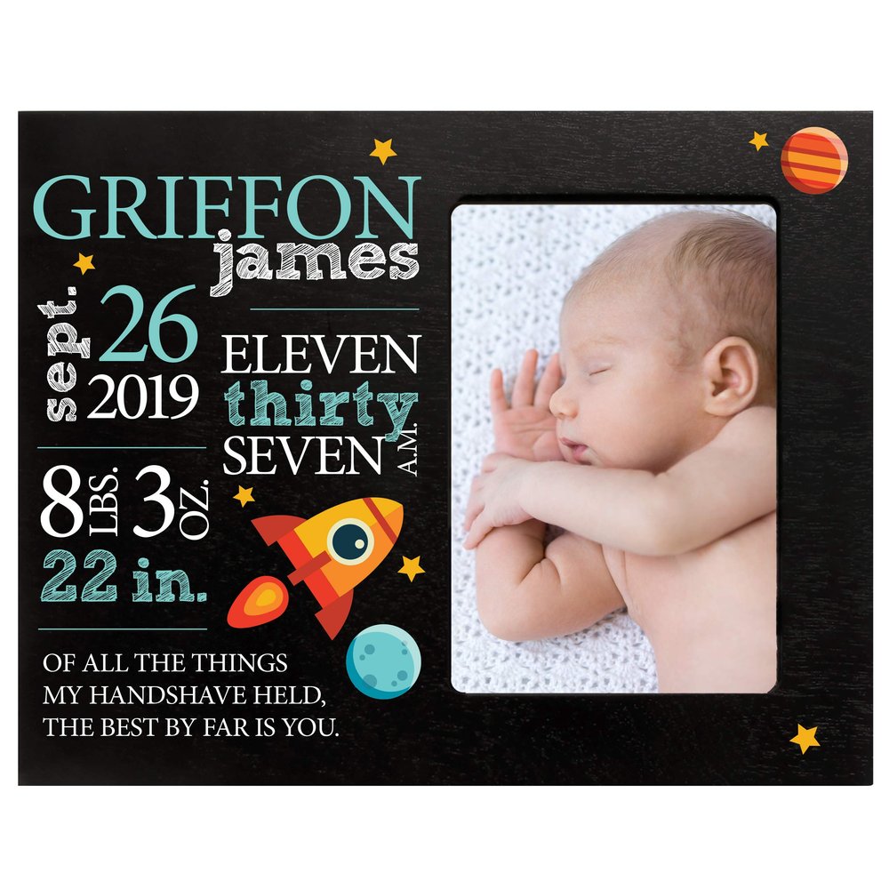 LifeSong Milestones Personalized Baby Birth Arrival Announcement - Newborn Stats Space Nursery Picture Frame Decor for Boys and Girls 8 x 10 Frame Holds 4 x 6 Photo (Black)