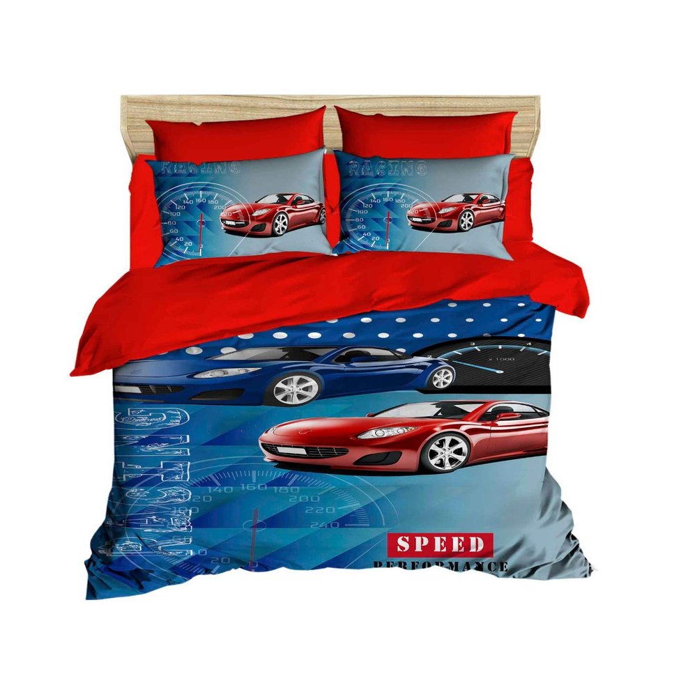 OZINCI 3D Printed Cars Bedding, 100% Cotton Blue Red Cars Themed Quilt/Duvet Cover Set, Full/Queen Size, Blue Red, (4 Pieces)
