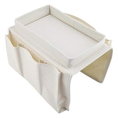 Couch Sofa Chair Armrest Caddy Hanging TV Remote Control Magazines Holder Storage Couch Storage Bag with Cup Holder Tray(Beige)