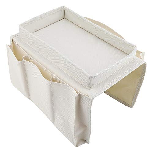 Couch Sofa Chair Armrest Caddy Hanging TV Remote Control Magazines Holder Storage Couch Storage Bag with Cup Holder Tray(Beige)