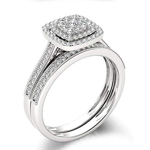 Bansriracha Luxury Brand 925 Sterling Silver Bridal Set Ring for Women with Paved Micro Lab Diamond Platinum Color Wedding Jewelry (10)