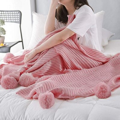 59"x79" Decorative Pink Pom Pom Throw Blanket Knitted Cotton Cable Blanket Couch Bed Sofa Decor Throw Blanket Idea