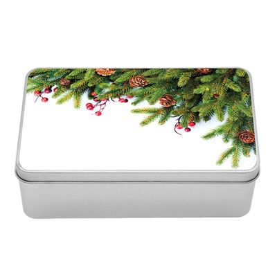 Ambesonne Christmas Tin Box, Evergreen Fir Tree Branches with Cones Yule Celebration Holly Culture Design, Portable Rectangle Metal Organizer Storage Box with Lid, 7.2" X 4.7" X 2.2", Green Brown