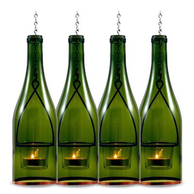 Blue Ridge Mountain Gifts Hanging Wine Bottle Indoor/Outdoor Lantern Lights - Decorative Lights Votive Candle Holder, Great for Rustic Wedding Decorations, Patio Decor, or Garden Decor, Green (4pcs)