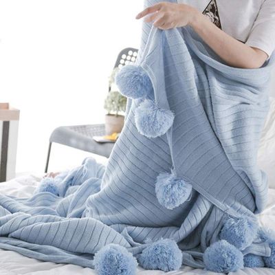 59"x79" Decorative Blue Pom Pom Throw Blanket Knitted Cotton Cable Blanket Couch Bed Sofa Decor Throw Blanket Idea