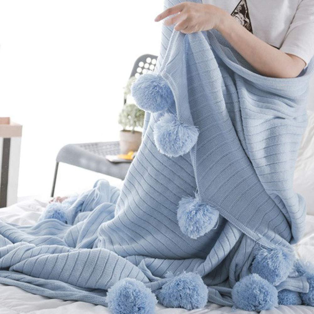 59"x79" Decorative Blue Pom Pom Throw Blanket Knitted Cotton Cable Blanket Couch Bed Sofa Decor Throw Blanket Idea
