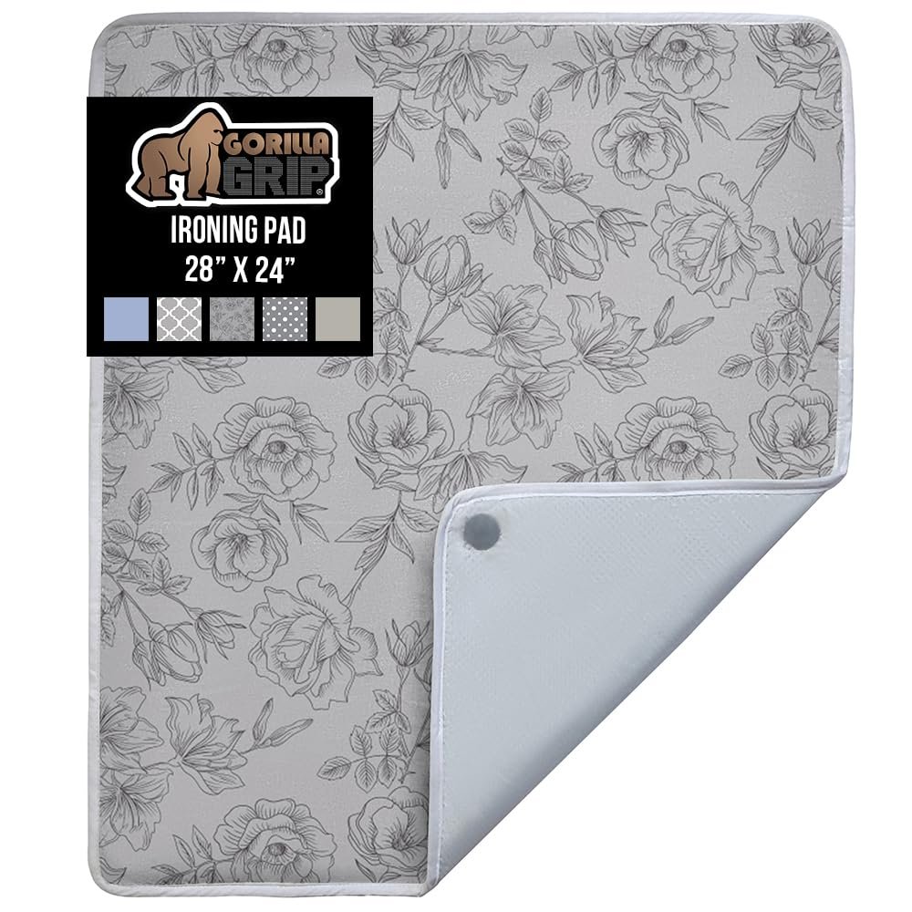 GORILLA GRIP The Original Ironing Board Cover and Pad, Silicone Coating, 400F Scorch Resistant Thick Padding, Heavy Duty Iron Covers Standard Boards, Hook and Loop Fastener Strap, Gray Floral 28x24