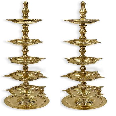 SATVIK 2 Pc Standing Brass Kerala Samai Diwali Deepak for Puja Traditional Panchmahal Pooja Deepam Diya Oil Lamp Kutthu Vilakku Dia 5 in 1 Step Adjustable 13.5 inch Deepawali Indian Gift Item