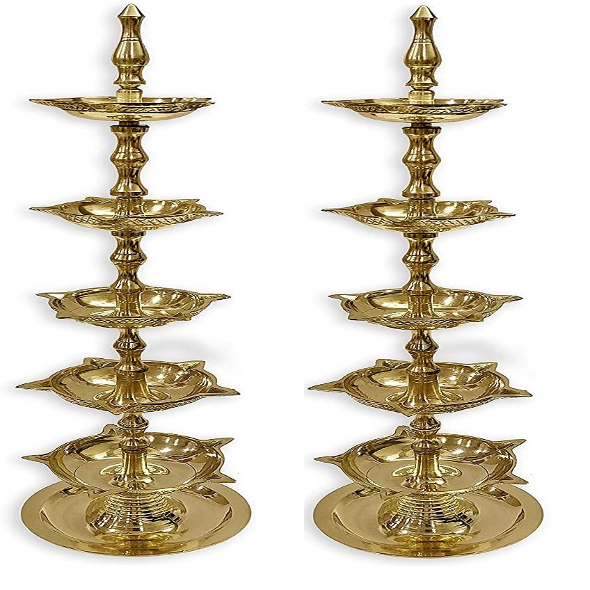 SATVIK 2 Pc Standing Brass Kerala Samai Diwali Deepak for Puja Traditional Panchmahal Pooja Deepam Diya Oil Lamp Kutthu Vilakku Dia 5 in 1 Step Adjustable 13.5 inch Deepawali Indian Gift Item