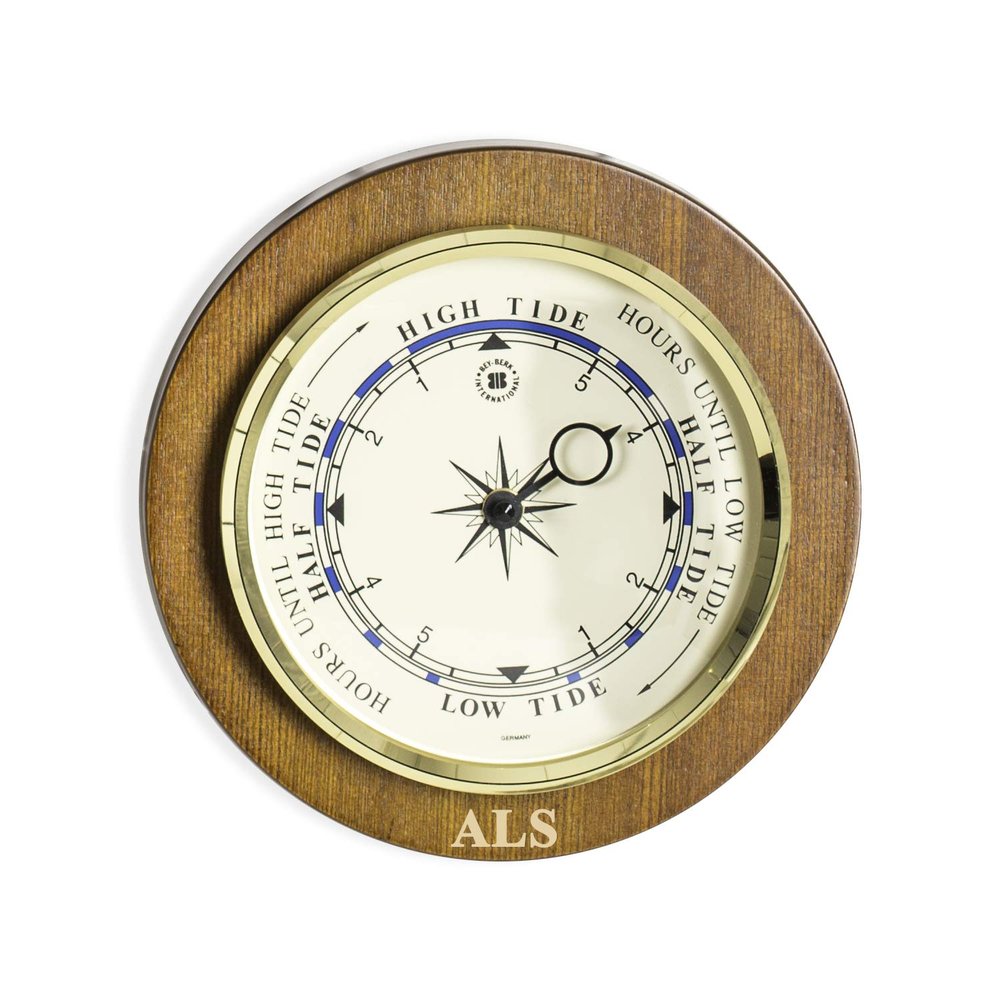 Bey-Berk Personalized Cherry Wood Tide Clock, 9" Quartz Coastal Tide Indicator with Brass Bezel