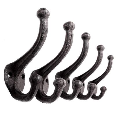 Ambipolar 5-Pack Rustic Wall Hooks - Heavy Duty Cast Iron Vintage Inspired Antique Black for Mudroom, Coat, Purse Rack, Hat - Decorative Hanging