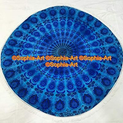 Beach Blue Throw Sheet Mandala Cloth Roundie Round Round Boho Picnic Yoga Yoga Gypsy Beach Garden Indian Towel Mat Cotton Hippy Tapestry Table Round With Beautiful Tassels (Pattern008, 48 Inches)