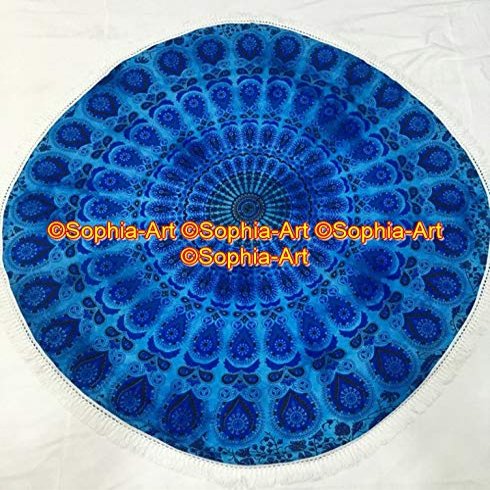 Beach Blue Throw Sheet Mandala Cloth Roundie Round Round Boho Picnic Yoga Yoga Gypsy Beach Garden Indian Towel Mat Cotton Hippy Tapestry Table Round With Beautiful Tassels (Pattern008, 48 Inches)