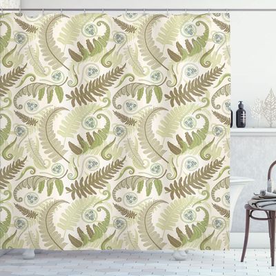 Ambesonne Botany Shower Curtain, Fern Leaves Curlicue Botanical Adornments Print on Pastel Background, Cloth Fabric Bathroom Decor Set with Hooks, 69" W x 84" L, Eggshell and Dark Tan