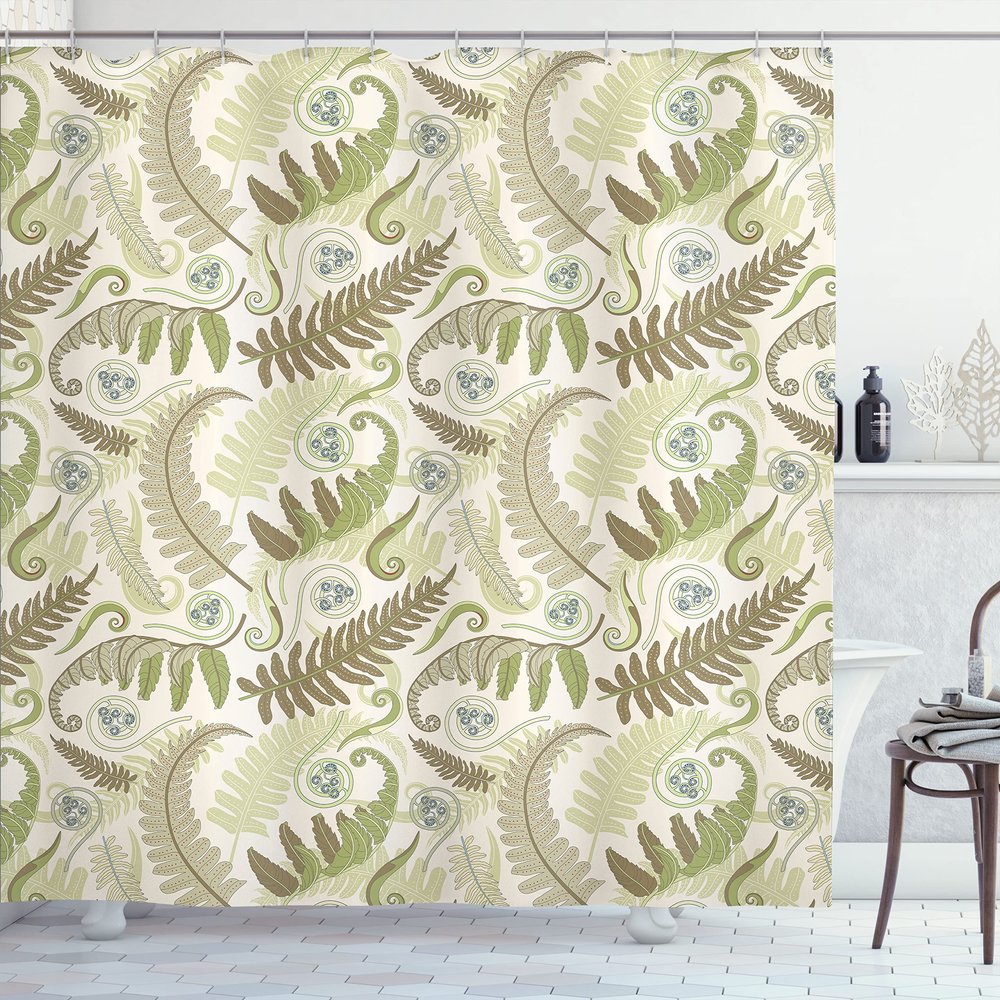 Ambesonne Botany Shower Curtain, Fern Leaves Curlicue Botanical Adornments Print on Pastel Background, Cloth Fabric Bathroom Decor Set with Hooks, 69" W x 84" L, Eggshell and Dark Tan