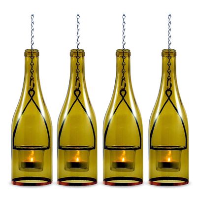 Blue Ridge Mountain Gifts Hanging Wine Bottle Indoor/Outdoor Lantern Lights - Decorative Lights Votive Candle Holder, Great for Rustic Wedding Decorations, Patio Decor, or Garden Decor, Yellow (4pcs)