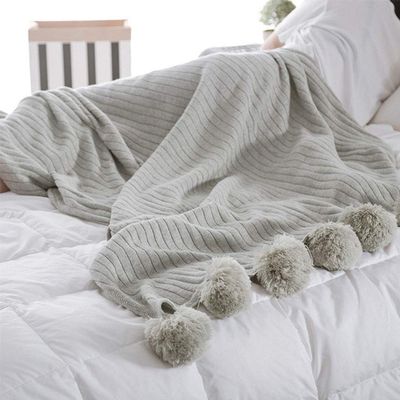 59"x79" Decorative Grey Pom Pom Throw Blanket Knitted Cotton Cable Blanket Couch Bed Sofa Decor Throw Blanket Idea