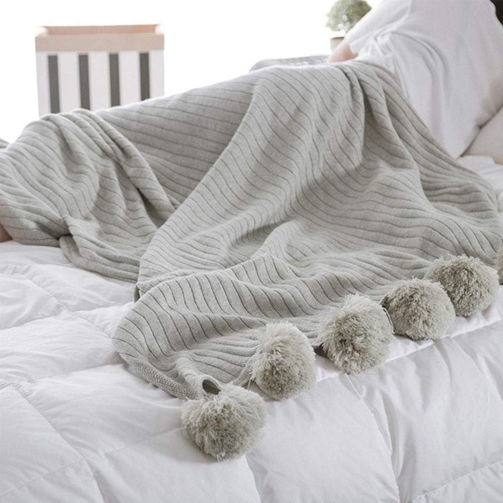 59"x79" Decorative Grey Pom Pom Throw Blanket Knitted Cotton Cable Blanket Couch Bed Sofa Decor Throw Blanket Idea