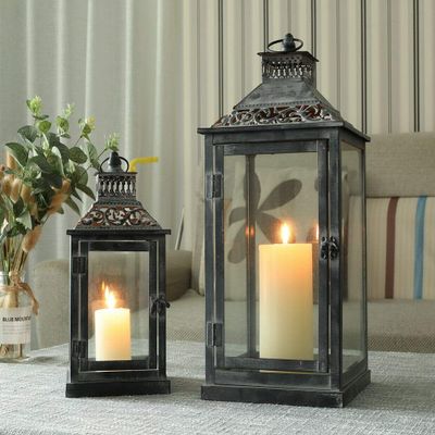 JHY DESIGN Set of 2 Antique Grey Brush Decorative Lanterns Metal Candle Lanterns for Indoor Outdoor Events Paritie and Weddings Vintage Style Hanging Lantern(with Glass)