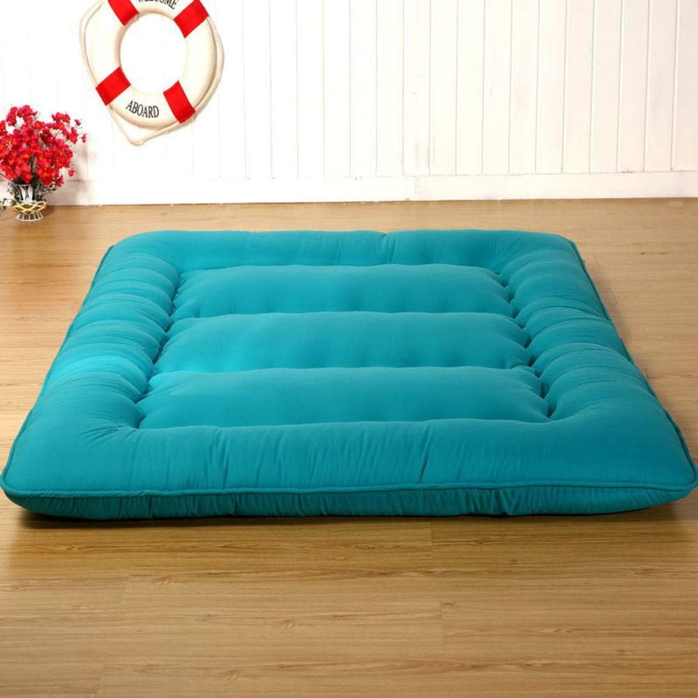 Japanese Floor Futon Mattress, Thick Soft Tatami Sleeping Pad Quilted Fitted Foldable Four Season Mattress Pad Roll Up Mat-Blue Twin