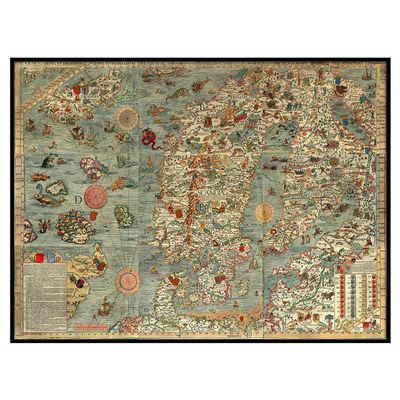 Sea map of a Scandinavia by Olaus Magnus in 1527-39. Carta Marina. Sweden, Denmark, Norway, Iceland and Finland. Antique Reprint