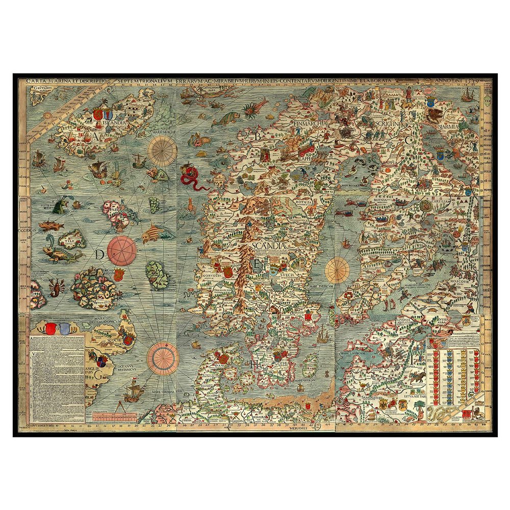 Sea map of a Scandinavia by Olaus Magnus in 1527-39. Carta Marina. Sweden, Denmark, Norway, Iceland and Finland. Antique Reprint