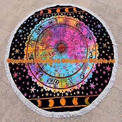 Beach Multi Throw Sheet Mandala Cloth Roundie Round Round Boho Picnic Yoga Yoga Gypsy Beach Garden Indian Towel Mat Cotton Hippy Tapestry Table Round With Beautiful Tassels (Pattern004, 72 Inches)