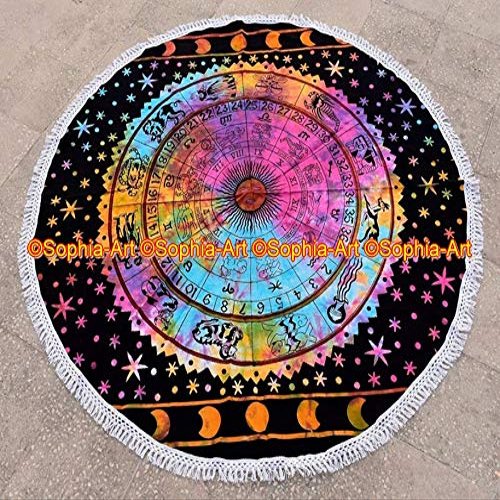 Beach Multi Throw Sheet Mandala Cloth Roundie Round Round Boho Picnic Yoga Yoga Gypsy Beach Garden Indian Towel Mat Cotton Hippy Tapestry Table Round With Beautiful Tassels (Pattern004, 72 Inches)