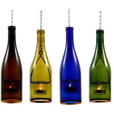 Blue Ridge Mountain Gifts Hanging Wine Bottle Indoor/Outdoor Lantern Lights - Decorative Lights Votive Candle Holder, Great for Rustic Wedding Decorations, Patio Decor or Garden Decor, Assorted (4pcs)