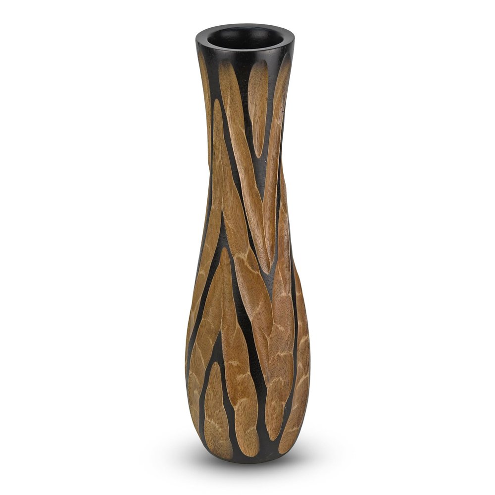 AeraVida Beautifully Hand Carved Etched Dark Brown Mango Tree Wood Vase | 14 inch | Classic Flower Vase