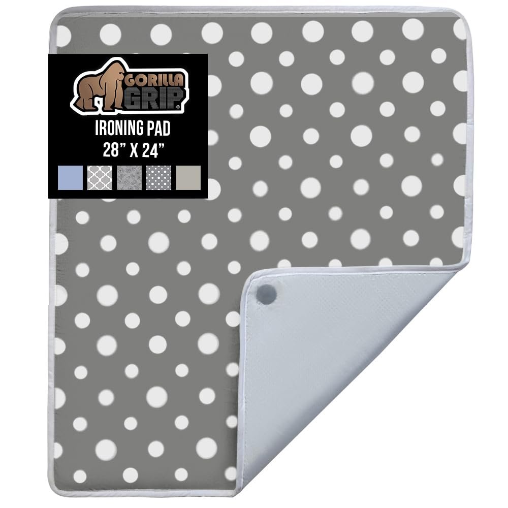 GORILLA GRIP The Original Ironing Board Cover and Pad, Silicone Coating, 400F Scorch Resistant Thick Padding, Heavy Duty Iron Covers Standard Boards, Hook and Loop Fastener Strap, Polka Dots 28x24