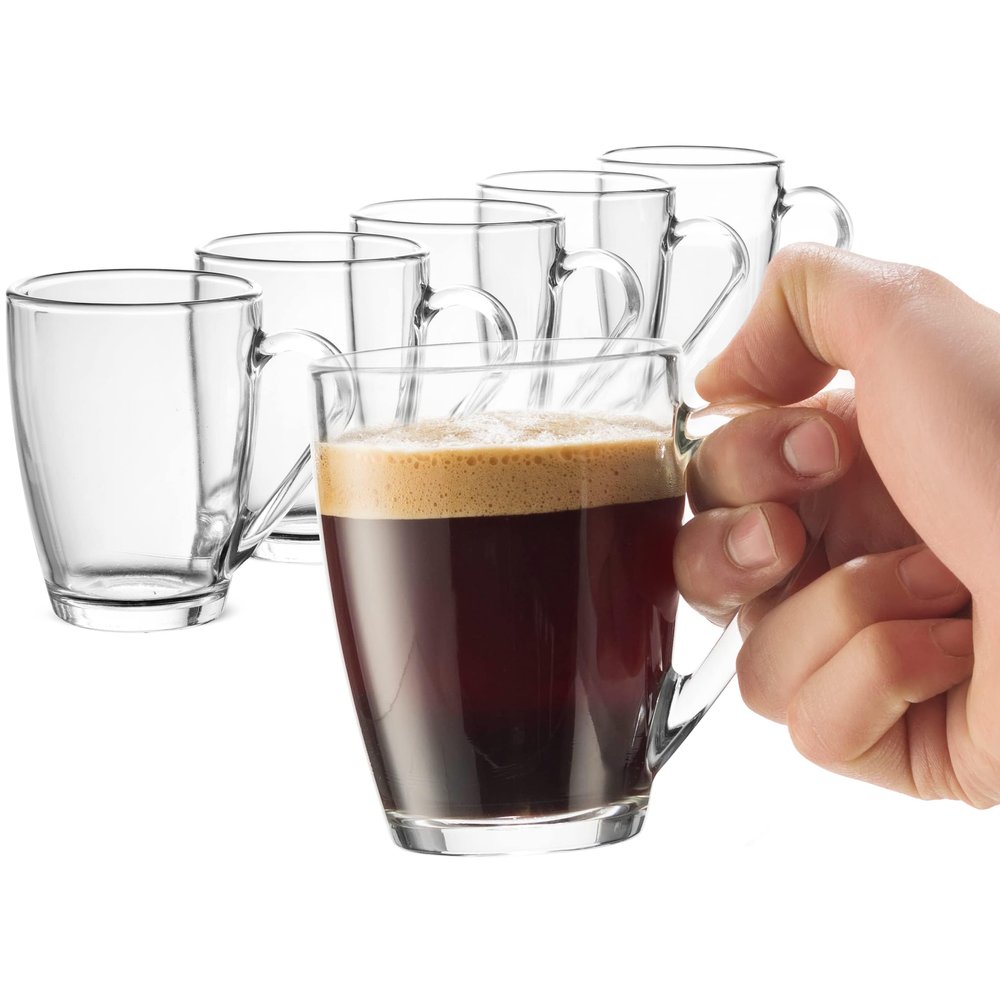 Bormioli Rocco Glass Coffee Mug Set, (6 Pack) 10 Ounce with Convenient Handle, Tea Glasses for Hot/Cold Beverages, Thermal Shock Resistant, Tempered Glass, for Cappuccino, Latte, Espresso, clear.