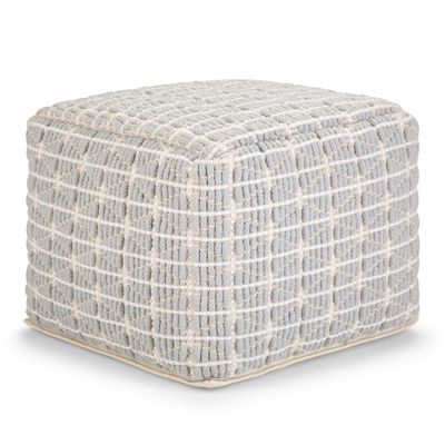 SIMPLIHOME Noreen Square Pouf - 18 inch Wide Upholstered Handwoven Cotton Ottoman in Light Blue and White, Boho Footstool or Extra Seating for Living Room with Polystyrene Filling, Assembled