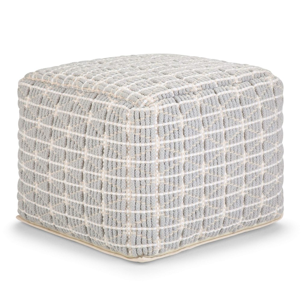 SIMPLIHOME Noreen Square Pouf - 18 inch Wide Upholstered Handwoven Cotton Ottoman in Light Blue and White, Boho Footstool or Extra Seating for Living Room with Polystyrene Filling, Assembled