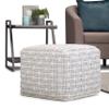 SIMPLIHOME Noreen Square Pouf - 18 inch Wide Upholstered Handwoven Cotton Ottoman in Light Blue and White, Boho Footstool or Extra Seating for Living Room with Polystyrene Filling, Assembled view 4