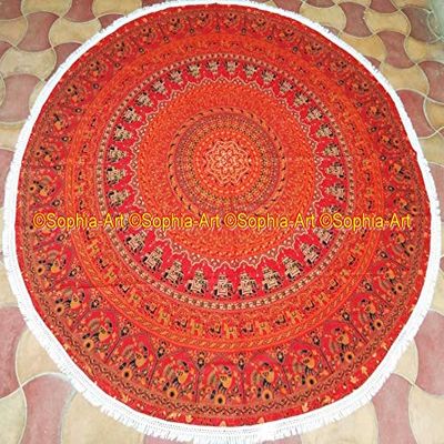 Beach Red Throw Sheet Mandala Cloth Roundie Round Round Boho Picnic Yoga Yoga Gypsy Beach Garden Indian Towel Mat Cotton Hippy Tapestry Table Round With Beautiful Tassels (Pattern005, 72 Inches)